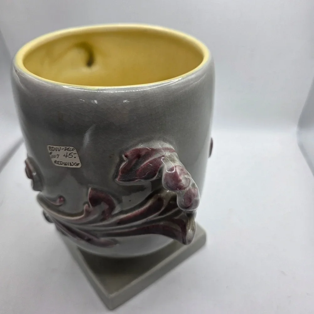 Vintage Red Wing Pottery #1107 Pedestal Vase Gray Yellow Purple Acanthus USA